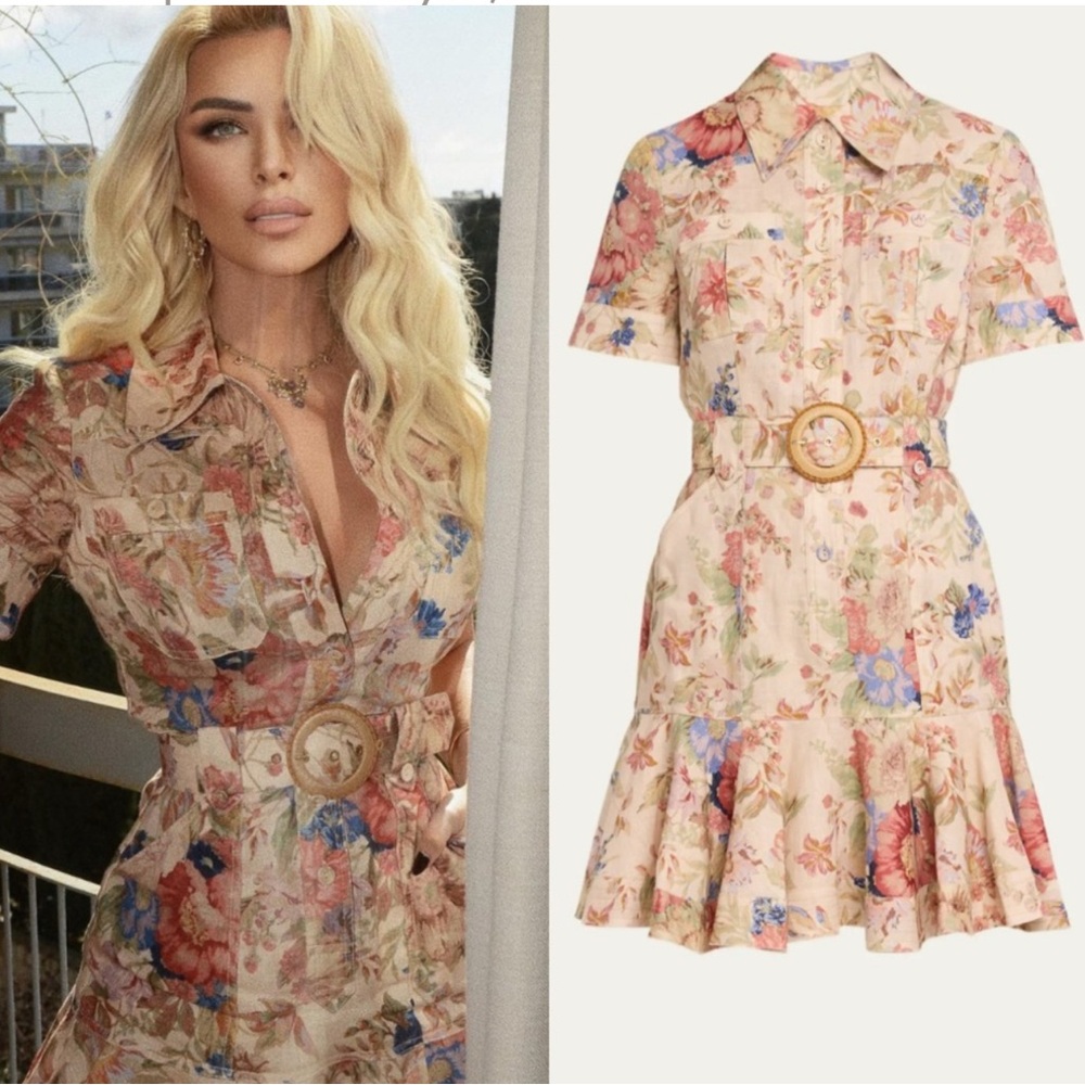 ZIMMERMANN August belted ruffled floral-print linen mini dress